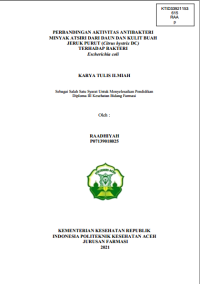 Image of PERBANDINGAN AKTIVITAS ANTIBAKTERI MINYAK ATSIRI DARI DAUN DAN KULIT BUAH JERUK PURUT (Citrus hystrix DC) TERHADAP BAKTERI Escherichia coli
