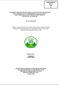 Image of GAMBARAN TINGKAT PENGETAHUAN ANAK TENTANG MENGGOSOK GIGI TERHADAP STATUS KEBERSIHAN GIGI DAN MULUT  PADA MURID KELAS II DAN III SD NEGERI SIMPANG KEURAMAT ACEH BESAR